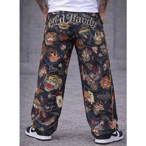 Ed Hardy Tattoo Print Jogger Pants Unisex Large NWT Black Streetwear Lounge